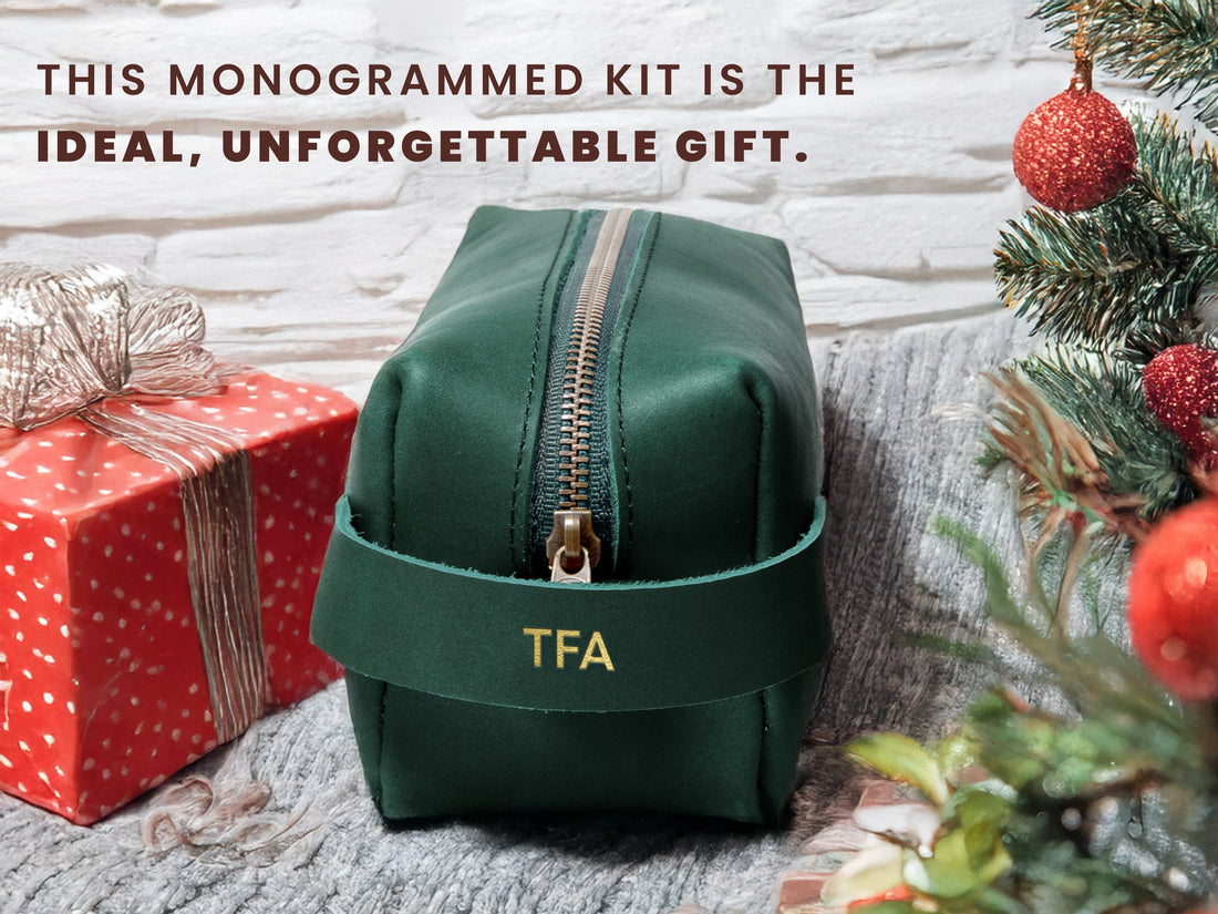 Personalized Leather Dopp Kit with Zipper Pull