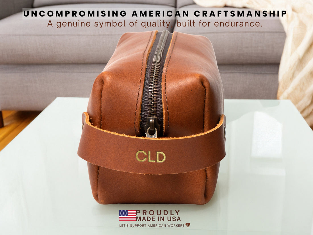 Personalized Leather Dopp Kit with Zipper Pull