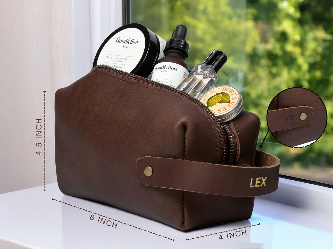 Personalized Leather Dopp Kit with Zipper Pull