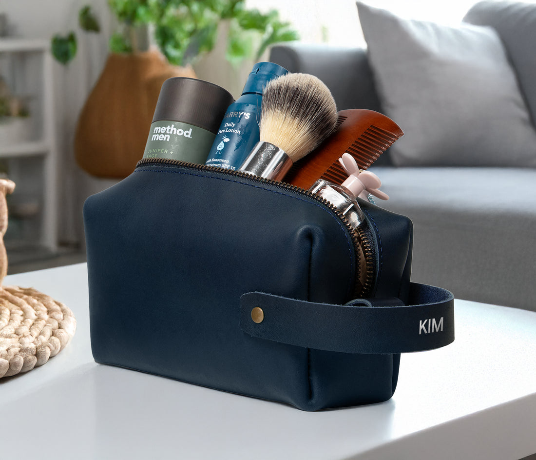 Personalized Leather Dopp Kit with Zipper Pull