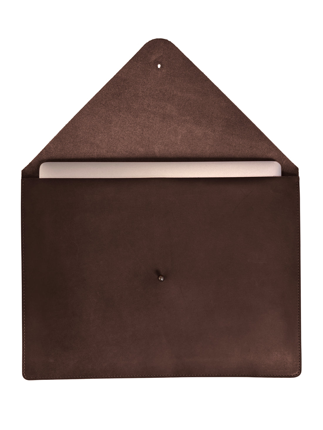 Chocolate full-grain leather laptop sleeve with antique stud closure, personalized with initials