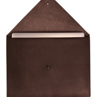 Chocolate full-grain leather laptop sleeve with antique stud closure, personalized with initials