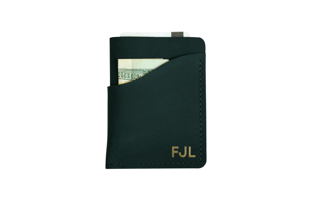 Red maple leather wave wallet, a curved minimalist card holder personalized with initials